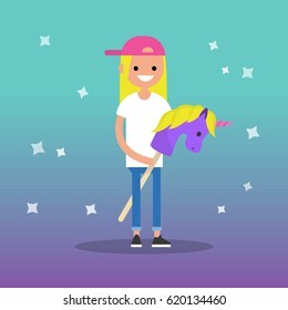 Kid ult (kid + adult) conceptual illustration: young female adult riding a hobby horse / flat editable vector illustration