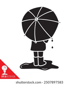 Kid with umbrella standing in puddle vector glyph icon