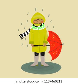 
Kid with umbrella  walking in the rain. Vector illustration in cartoon style Enjoy rainy day.