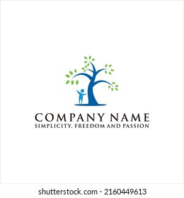 kid under the green tree logo, support parent for child vector