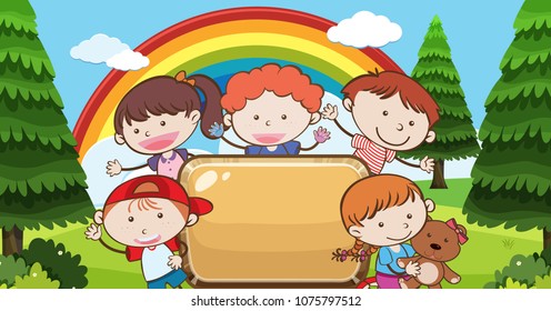 Kid Under Rainbow with Banner illustration