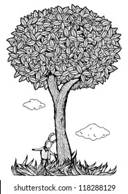 Kid under the tree vector illustration. Black and white