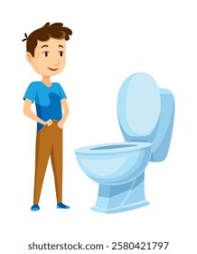 Kid use bathroom icon set. Baby boy using toilet. Cartoon funny preschool kid training to use toilet, isolated on white. Vector illustration infographic how to use the toilet