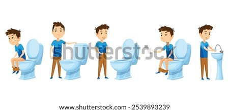 Kid use bathroom icon set. Baby boy using toilet. Cartoon funny preschool kid training to use toilet, isolated on white. Vector illustration infographic how to use the toilet
