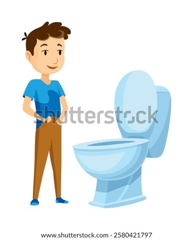 Kid use bathroom icon set. Baby boy using toilet. Cartoon funny preschool kid training to use toilet, isolated on white. Vector illustration infographic how to use the toilet