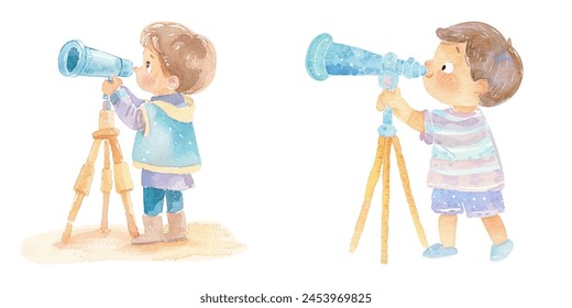 kid use telescope watercolor vector illustration 