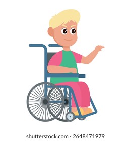 Kid used whell chair pose children flat design cartoon illustration available for children book, story book, asset design, banner, web.