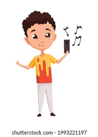 Kid using gadget. Child and modern technology colorful cartoon character. Young boy holding smart phone and listen music