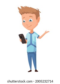 Kid using gadget. Child and modern technology colorful cartoon character. Young boy holding a smart phone