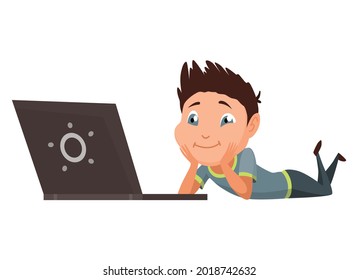 Kid using gadget. Child and modern technology colorful cartoon character. Cute little boy uses laptop to watch films