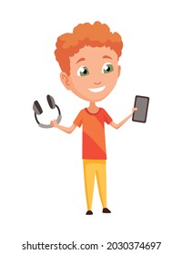 Kind mit Gadget. Kinder und moderne Technik bunter Cartoon Charakter. Junge Junge, die ein Telefon und drahtlose Kopfhörer halten