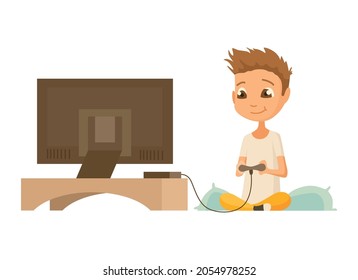 Kid using gadget. Child and modern technology colorful cartoon character. Young boy playing game on personal computer