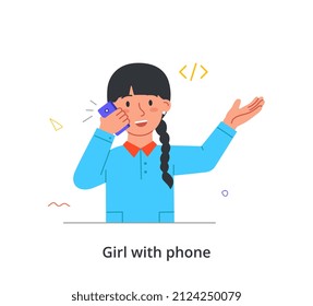 Kid using gadgets abstract concept. Little girl holds smartphone and calls her friends or parents. Online communication. Modern technologies. Cartoon flat vector illustration in doodle style