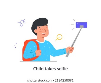 Niño usando el concepto abstracto de gadgets. Un niño pequeño sonriente con mochila se toma un selfie en un smartphone. Tecnologías e innovaciones modernas para el entretenimiento. Dibujo vectorial plano de caricatura en estilo doodle