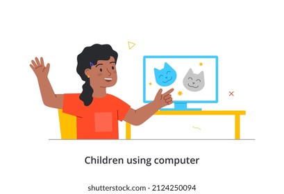 Kid Using Gadgets Abstract Concept. Smiling Girl Sitting At Her Desk And Watching Cartoons On Computer Screen. Modern Technologies For Entertainment. Cartoon Flat Vector Illustration In Doodle Style