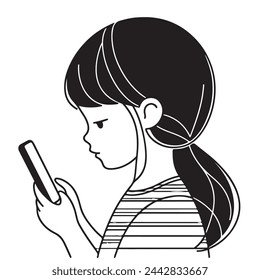 El niño que utiliza gadgets concepto abstracto. Niña sostiene el teléfono inteligente y llama a sus amigos o padres. Estilo Doodles, arte lineal