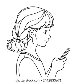 Kind mit Gadgets abstraktes Konzept. Kleines Mädchen hält Smartphone und ruft ihre Freunde oder Eltern an. Doodles Stil, Line Art