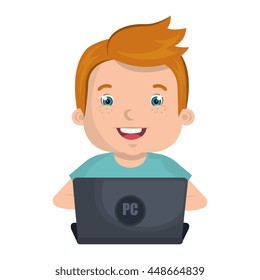 Kid using a laptop computer colorful cartoon design, vector illustration.