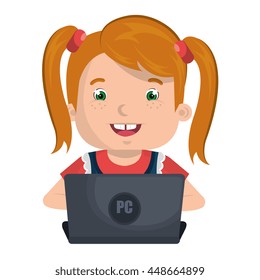 Kid using a laptop computer colorful cartoon design, vector illustration.