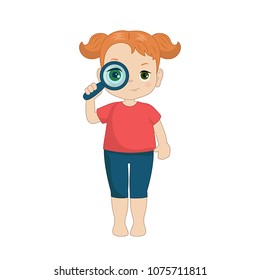 Kid using a magnifying glass. Cartoon style illustration isolated on white background.