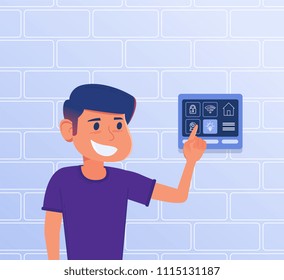 A kid using smart home control panel on house wall. A tablet with smart home controllers and settings interface. Smart house, internet of things, friendly soft concept. Vector flat design illustration - Powered by Shutterstock - Get 15% off with code: PIKWIZARD15