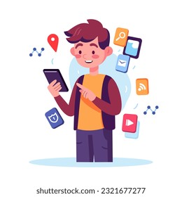 Kid using smartphone with application floating icon , social network, chat, message, internet, flat style illustration.