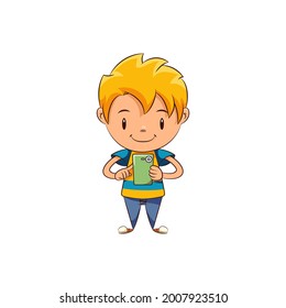 Kid using smartphone, happy cute child