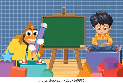 Kid using tablet, surrounded by educational tools
