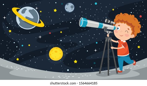 Kid Using Telescope For Astronomical Research