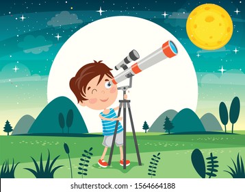 Kid Using Telescope For Astronomical Research