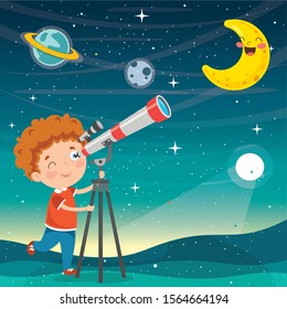 Kid Using Telescope For Astronomical Research