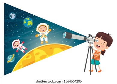 Kid Using Telescope For Astronomical Research