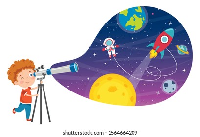 Kid Using Telescope For Astronomical Research