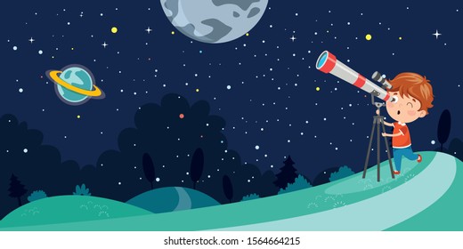 Kid Using Telescope For Astronomical Research