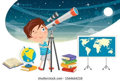 Kid Using Telescope For Astronomical Research
