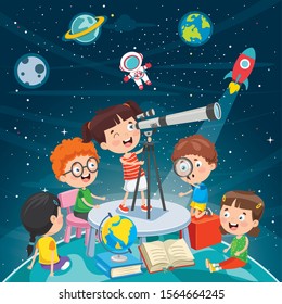 Kid Using Telescope For Astronomical Research