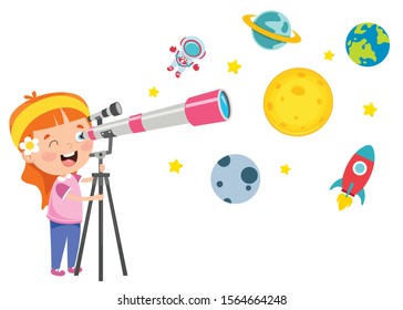 Kid Using Telescope For Astronomical Research