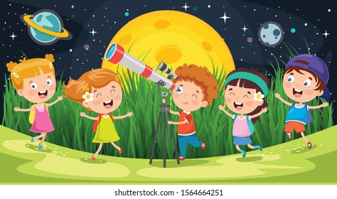 Kid Using Telescope For Astronomical Research