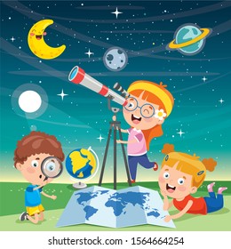 Kid Using Telescope For Astronomical Research