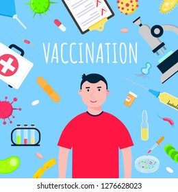 Kid vaccination banner concept flat style design poster. Child kid boy on it arounded with hospital equipment and medicines. Medical awareness flu disease day banner and vaccination kids concept.