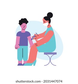 Kid vaccination flat icon with characters of nurse and boy vector illustration