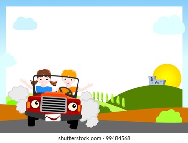 kid vector background - boy and girl in red car with medieval castle and sun