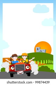kid vector background - boy and girl in red car with medieval castle and sun