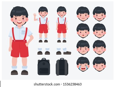 Kid Vektorgrafik, Illustration, Kindergarten, Kind in Schuluniform, Asiatische Schule. Studentenfigur auf isoliertem Hintergrund.