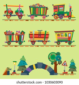 Kid vector train railroad baby cartoon toy or railway game locomotive gifted on Happy Birthday child in childhood kids train railroad station toys isolated on background illustration