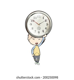 Kid with vintage table clock over white background 