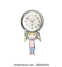 Kid with vintage table clock over white background 