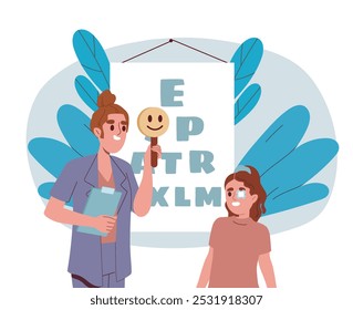 Kid with vision test. Woman in medical uniform and girl near letters. Pediatrician, ophthalmologist and occulist with child. Flat vector illustration isolated on white background