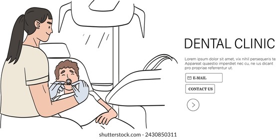 Kid visit dentist office with dental decay and feel pain in teeth or jaw. Vector illustration of character going to see dentist to put filling or tooth extraction. Boy with toothache or put brackets.