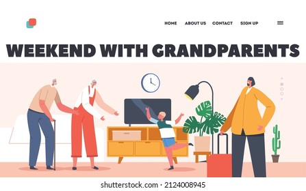 Kid Visit Grandparents Landing Page Template. Happy Grandfather, Grandmother and Grandson Characters Meeting. Boy Jump of Happiness for Coming on Holiday to Seniors. Cartoon People Vector Illustration
